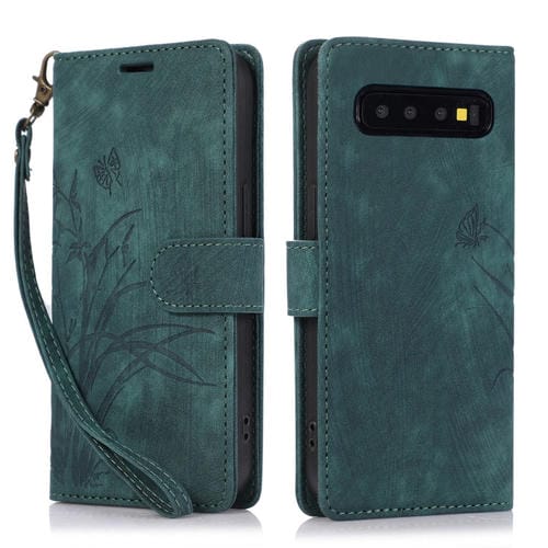 Funda de Cuero Samsung Galaxy S10 con Relieve de Mariposa Orquídea (Verde)