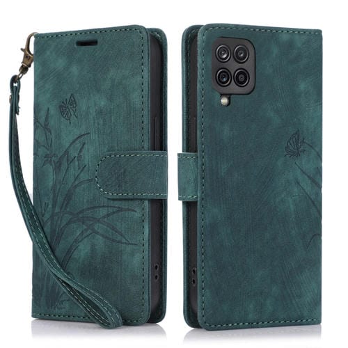 Funda para Teléfono Samsung Galaxy A12 M12 Cuero Relieve Mariposa Orquídea (Verde)