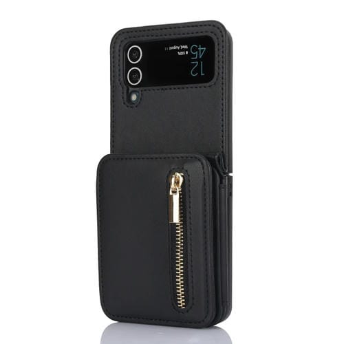 Estuche plegable para teléfono Samsung Galaxy Z Flip4 con ranuras para tarjetas y cremallera con cordón largo (Negro)
