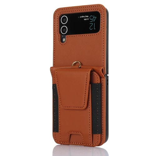 Funda para Teléfono Plegable Samsung Galaxy Z Flip3 con Ranuras para Tarjetas y Cordón Largo (Marrón)