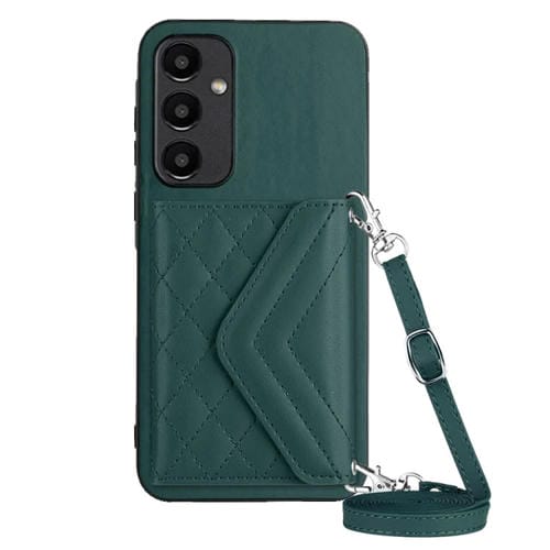 Estuche para Teléfono Samsung Galaxy A35 Rfid con Bolsa para Tarjetas Textura Rómbica y Cordón Largo (Verde)