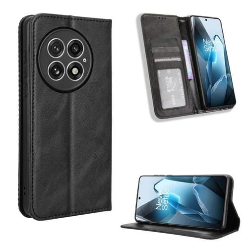 Funda de Cuero OnePlus 13 5G Textura Retro Hebilla Magnética (Negra)