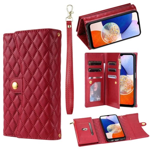 Estuche para Teléfono Samsung Galaxy A05S Cuero Rómbico Billetera MultiTarjeta con Cremallera (Rojo)