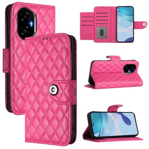 Funda de Cuero con Textura Rómbica y Cordón para Honor 300 5G (Rosa)