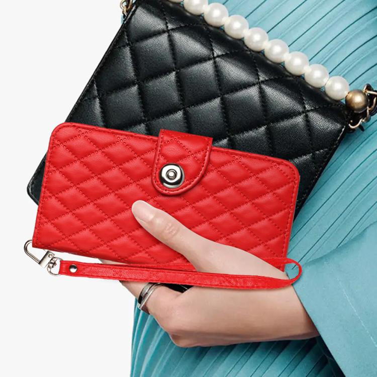 Funda de Cuero con Tapa y Textura Rómbica para OnePlus 13R Ace 5 Pro 5G con Cordón (Rojo)