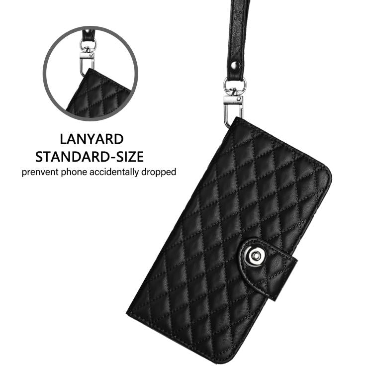 Funda de Cuero con Tapa y Textura Rómbica para OnePlus 13R/Ace 5 Pro 5G con Cordón (Negro)