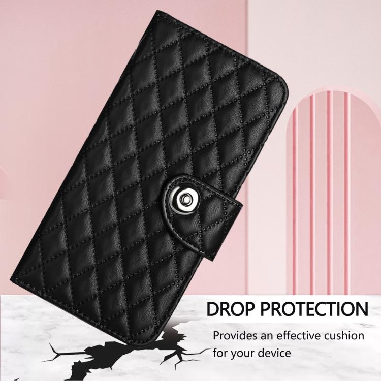 Funda de Cuero con Tapa y Textura Rómbica para OnePlus 13R/Ace 5 Pro 5G con Cordón (Negro)