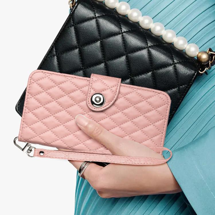 Funda de Cuero con Tapa y Textura Rómbica para OnePlus 13R/Ace 5 Pro 5G con Cordón (Rosa Coral)