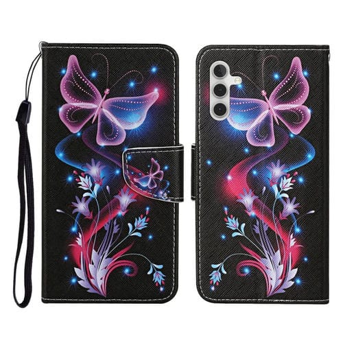 Funda de Cuero para Samsung Galaxy A55 con Tapa y Patrón de Dibujo de Colores (Mariposa Fluorescente)