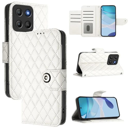 Funda de Cuero con Tapa y Textura Rombal para Motorola Moto G15 con Cordón (Blanco)