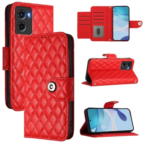 Funda de Cuero con Tapa y Textura Rombal para Motorola Moto G05 con Cordón (Rojo)
