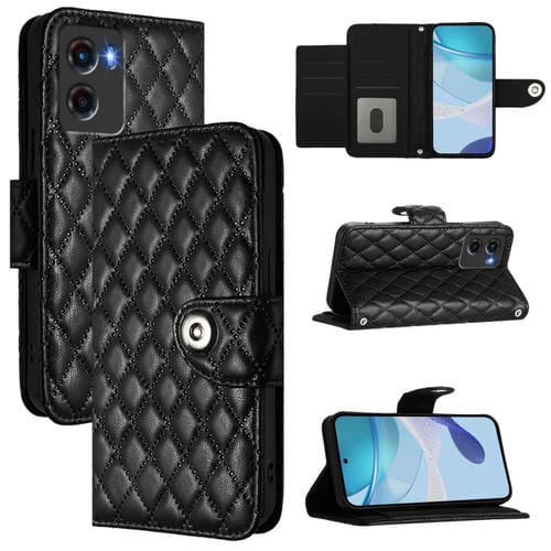 Funda de Cuero con Tapa y Textura Rombal para Motorola Moto G05 con Cordón (Negro)