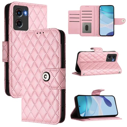 Funda de Cuero con Tapa y Textura Rombal para Motorola Moto G05 con Cordón (Rosa)
