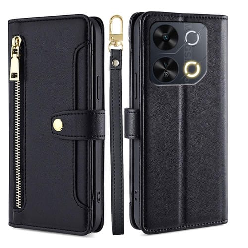 Funda de Cuero con Cremallera y Textura de Oveja para Itel P65 (Negra)