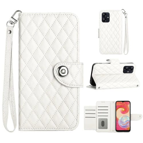 Funda de Cuero para Samsung Galaxy A04E con Tapa Textura Rómbica y Cordón (Blanco)