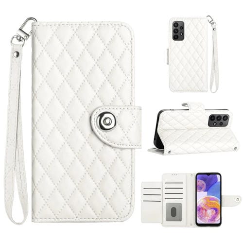 Funda de Cuero para Samsung Galaxy A13 4G y 5G con Tapa Textura Rómbica y Cordón (Blanco)