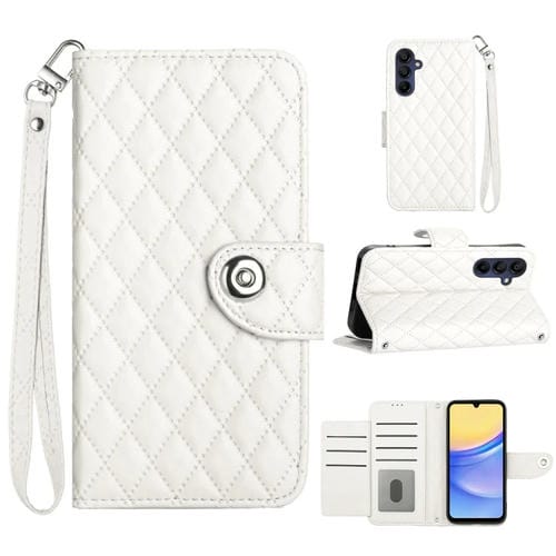 Funda de Cuero para Samsung Galaxy A35 con Tapa Textura Rómbica y Cordón (Blanco)