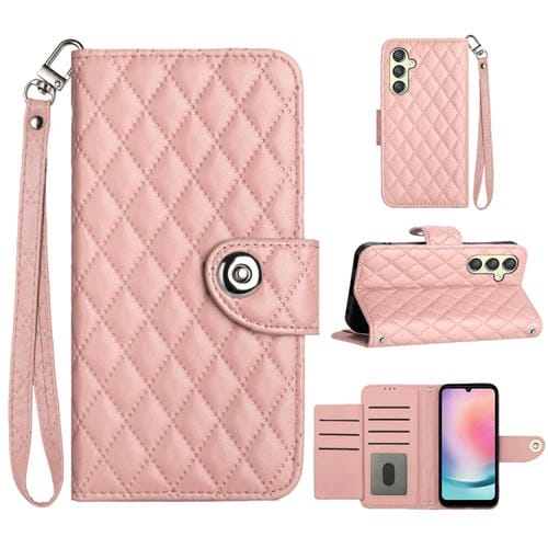 Funda de Cuero Samsung Galaxy A54 con Tapa Textura Rómbica y Cordón (Rosa Coral)