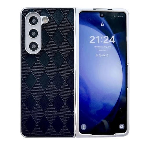 Funda para Teléfono Samsung Galaxy Z Fold3 5G Cuero a Cuadros con Pintura Nacarada y Forma de Diamante (Negro)