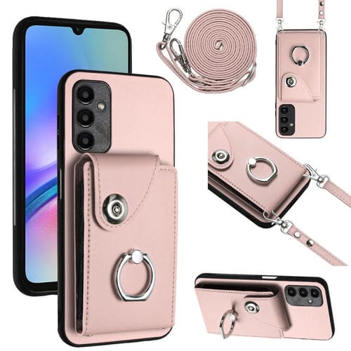Funda para Teléfono Samsung Galaxy A05S 4G con Soporte para Anillo y Bolsa para Tarjeta con Cordón Largo (Rosa)