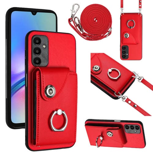 Funda para Teléfono Samsung Galaxy A05S 4G con Soporte para Anillo y Bolsa para Tarjeta con Cordón Largo (Rojo)