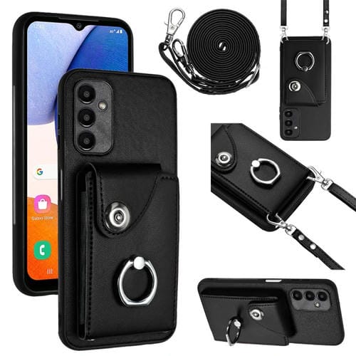 Funda para Teléfono Samsung Galaxy A24 4G con Soporte para Anillo y Bolsa para Tarjeta con Cordón Largo (Negro)