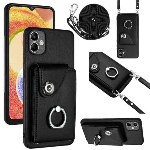 Funda para Teléfono Samsung Galaxy A04E M04 F04 4G con Soporte para Anillo y Bolsa para Tarjeta con Cordón Largo (Negro)