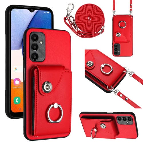 Funda para Teléfono Samsung Galaxy A34 5G con Soporte para Anillo y Bolsa para Tarjeta con Cordón Largo (Rojo)