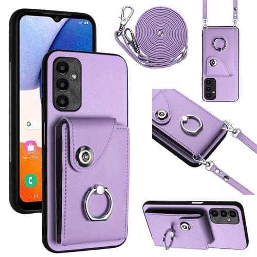 Funda para Teléfono Samsung Galaxy A14 5G con Soporte para Anillo y Bolsa para Tarjeta con Cordón Largo (Púrpura)