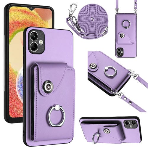 Funda para Teléfono Samsung Galaxy A04 4G con Soporte para Anillo y Bolsa para Tarjeta con Cordón Largo (Púrpura)
