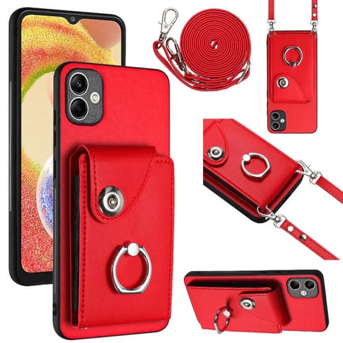 Funda para Teléfono Samsung Galaxy A04 4G con Soporte para Anillo y Bolsa para Tarjeta con Cordón Largo (Rojo)