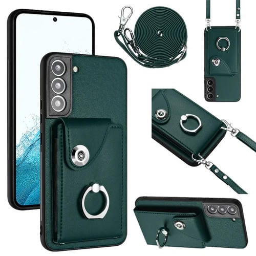 Funda para Teléfono Samsung Galaxy S21 FE 5G con Soporte para Anillo y Bolsa para Tarjeta con Cordón Largo (Verde)