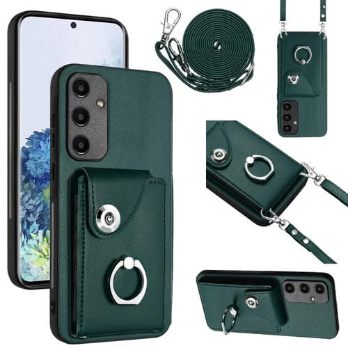 Funda para Teléfono Samsung Galaxy A35 con Soporte para Anillo y Bolsa para Tarjeta con Cordón Largo (Verde)