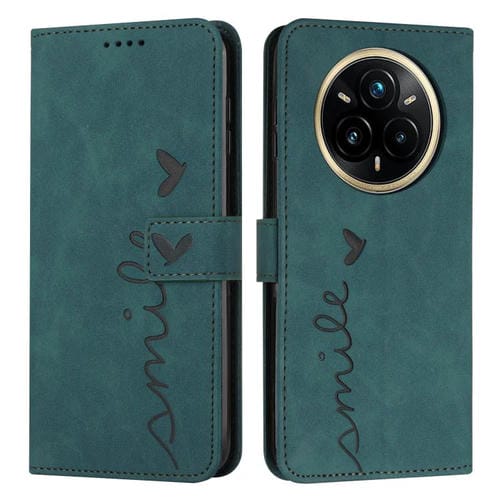 Funda de Cuero con Relieve de Corazón para Realme 14 Pro+ con Cordón Largo (Verde)