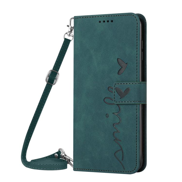 Funda de Cuero con Relieve de Corazón para Realme 14 Pro+ con Cordón Largo (Verde)