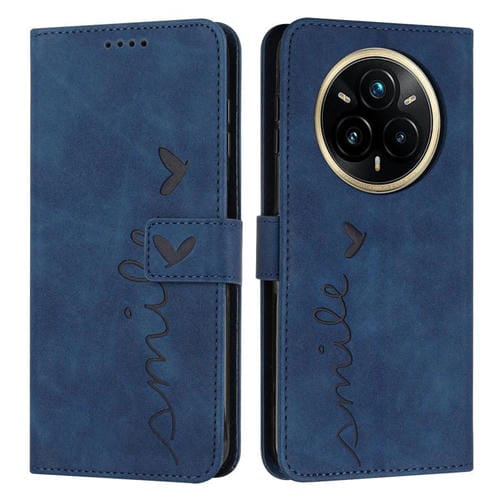 Funda de Cuero con Relieve de Corazón para Realme 14 Pro con Cordón Largo (Azul)