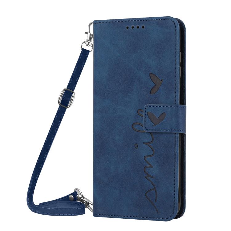 Funda de Cuero con Relieve de Corazón para Realme 14 Pro con Cordón Largo (Azul)