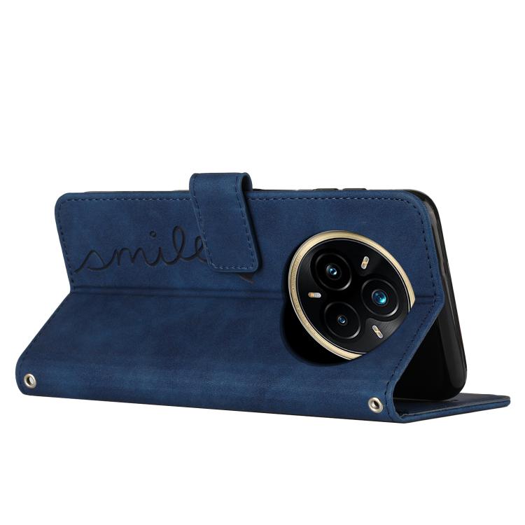 Funda de Cuero con Relieve de Corazón para Realme 14 Pro con Cordón Largo (Azul)