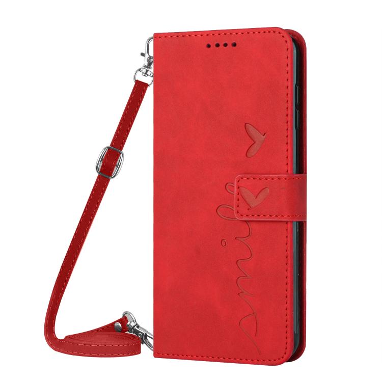 Funda de Cuero con Relieve de Corazón para Realme 14 Pro con Cordón Largo (Roja)