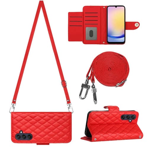 Funda para Samsung Galaxy A15 5G Cuero con Tapa Textura Rómbica y Cordón Largo (Rojo)