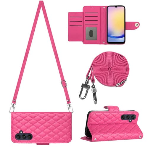 Funda para Samsung Galaxy A15 5G de Cuero con Tapa Textura Romboidal y Cordón Largo (Rojo Rosa)