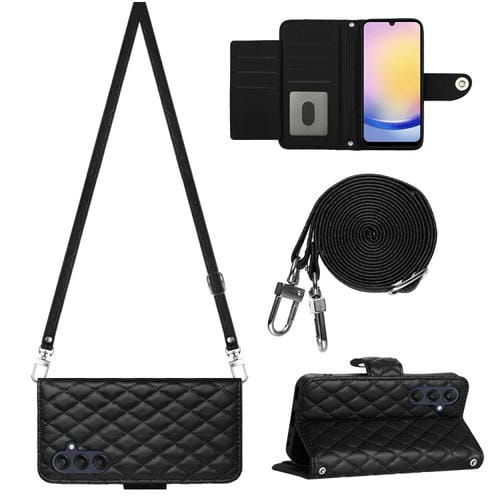 Funda de Cuero para Samsung Galaxy A55 con Tapa Textura Rómbica y Cordón Largo (Negro)