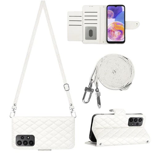 Funda de Cuero para Samsung Galaxy A52 4G y 5G con Tapa Textura Rómbica y Cordón Largo (Blanco)