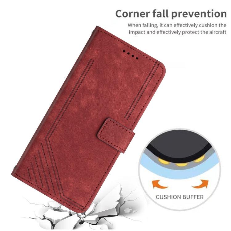 Funda de Cuero con Diseño de Rayas y Tacto de Piel para OnePlus 13 con Cordón (Rojo)