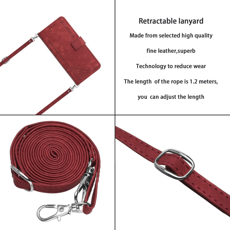 Funda de Cuero con Diseño de Rayas y Tacto de Piel para OnePlus 13 con Cordón (Rojo)