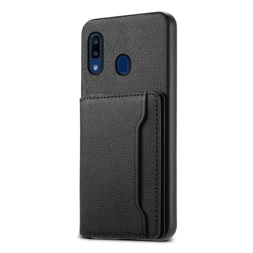 Estuche para teléfono Samsung Galaxy A20 A30 con diseño bolsa para tarjetas textura de pantorrilla (Negro)