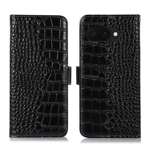 Funda para Teléfono Google Pixel 9A con Capa Superior de Piel de Vaca y Cocodrilo (Negra)