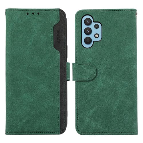 Funda de Cuero Abeel para Samsung Galaxy A32 4G Color Block Magnética Rfid (Verde-Negro)