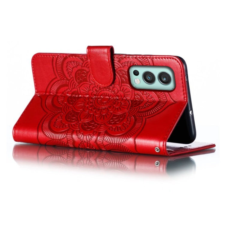Funda de Cuero para OnePlus Nord 2 5G con Patrón en Relieve Sun Mandala (Rojo)