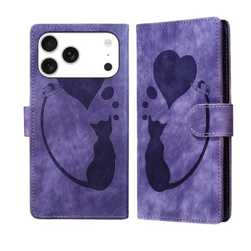 Funda de piel con relieve de gato y corazón para iPhone 17 Pro (morada)